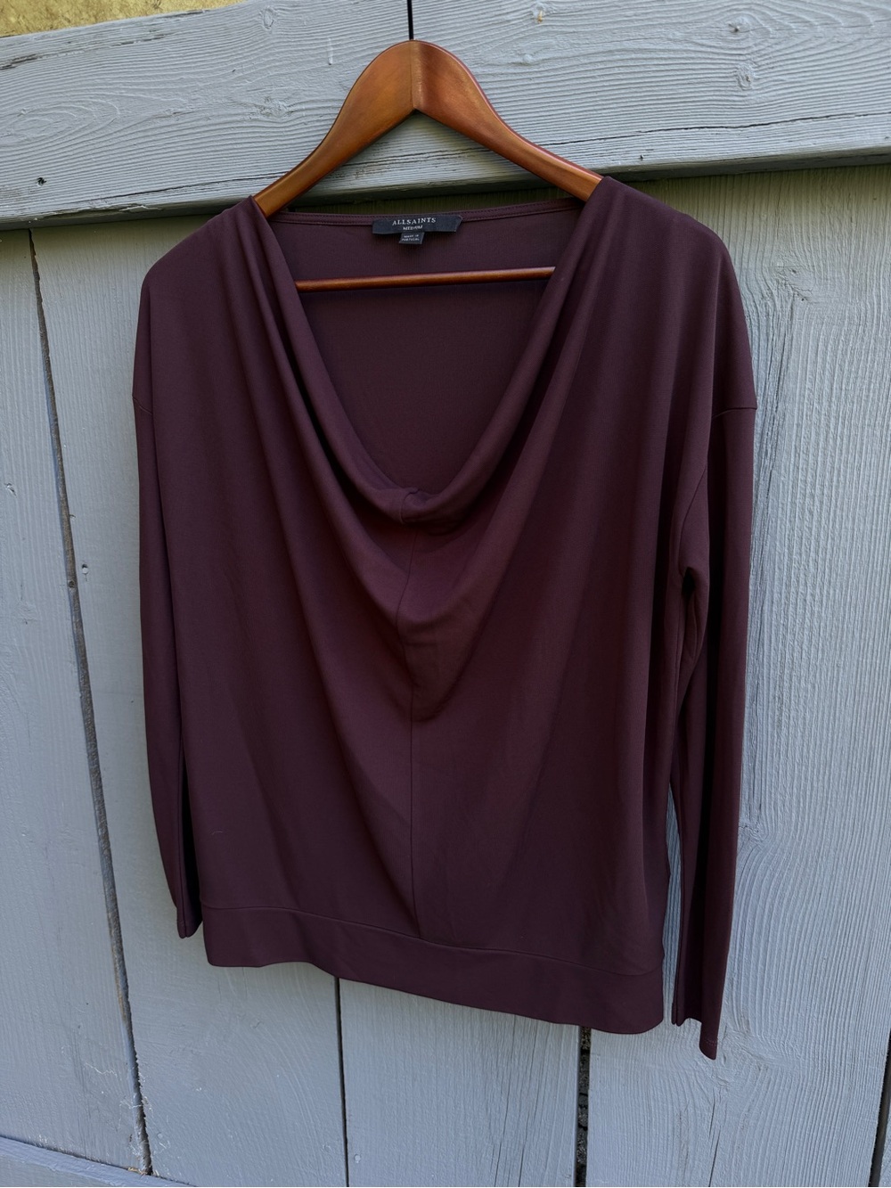 All Saints Vicki Women’s Draped-Neck Long-Sleeve Top In Dark Plum. BEAUTY!
